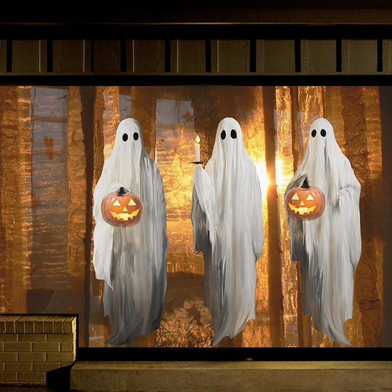 Treory Halloween Decorations Window Clings Decor, 3pcs Extra Large Scary White Ghosts with Pumpkin Lantern Halloween Window Decals Indoor, Creppy School Home Office Party Supplies for Glass Windows, 3 Sheets - Image 1